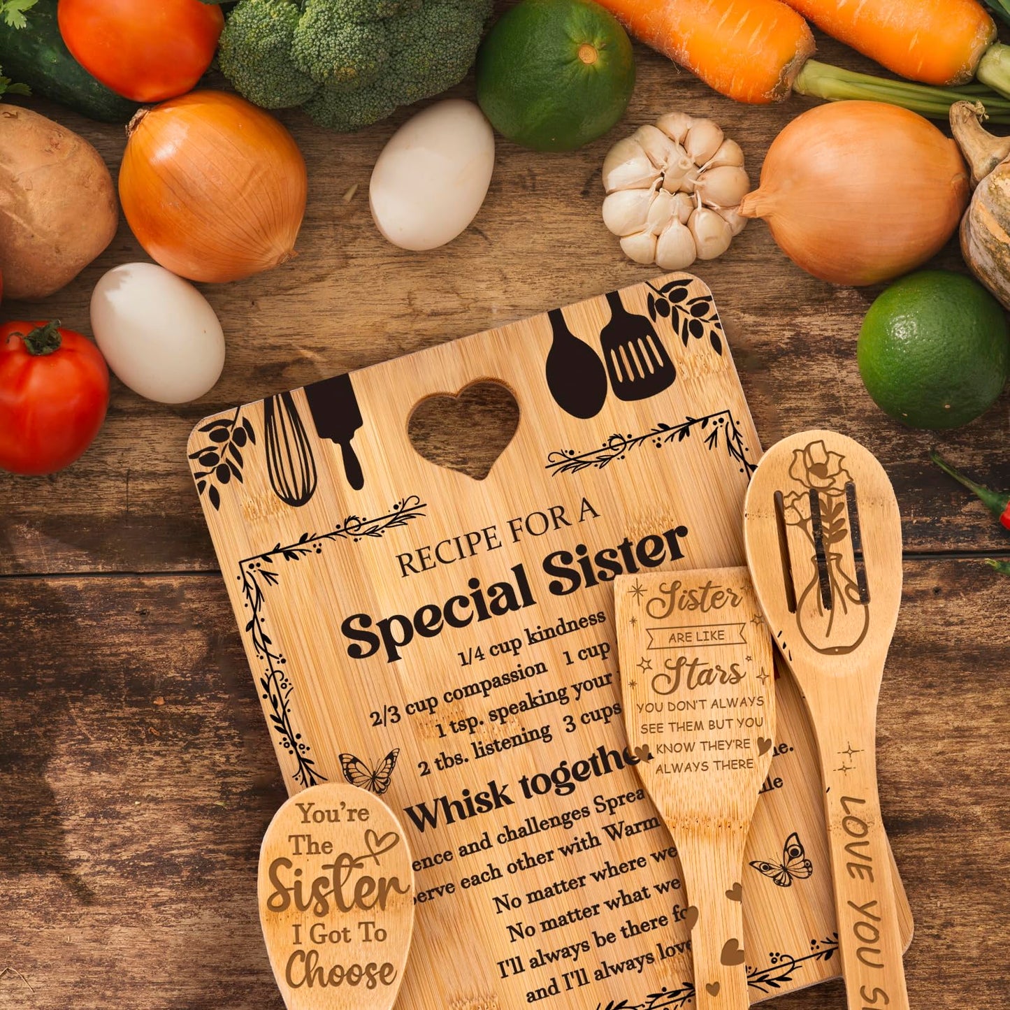 Gifts for Sister - "Recipe for a Special Sister" Sister Birthday Gifts Cutting Board Set, Bamboo-Made Engraved Utensil Set Sister Gifts, Birthday Gifts for Sister from Sister