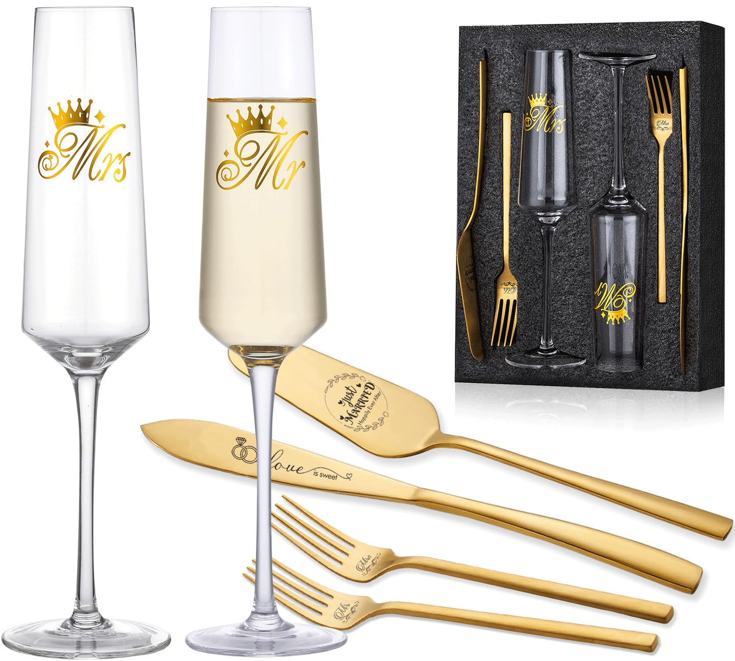 iooiluxry Gold Wedding Cake Knife and Server Set, Mr and Mrs Champagne Flutes Glasses with Cake Cutting Set for Wedding Bridal Shower Gifts