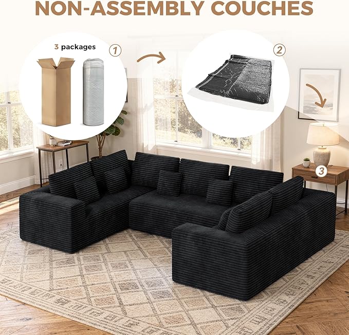 136'' Large Sectional Cloud Couches with Chaise, U Shaped Boneless Loveseat Sofa, No Assembly Required Deep Seat Modular Lounge for Living Room 3PCS Set, Bedroom(Black)