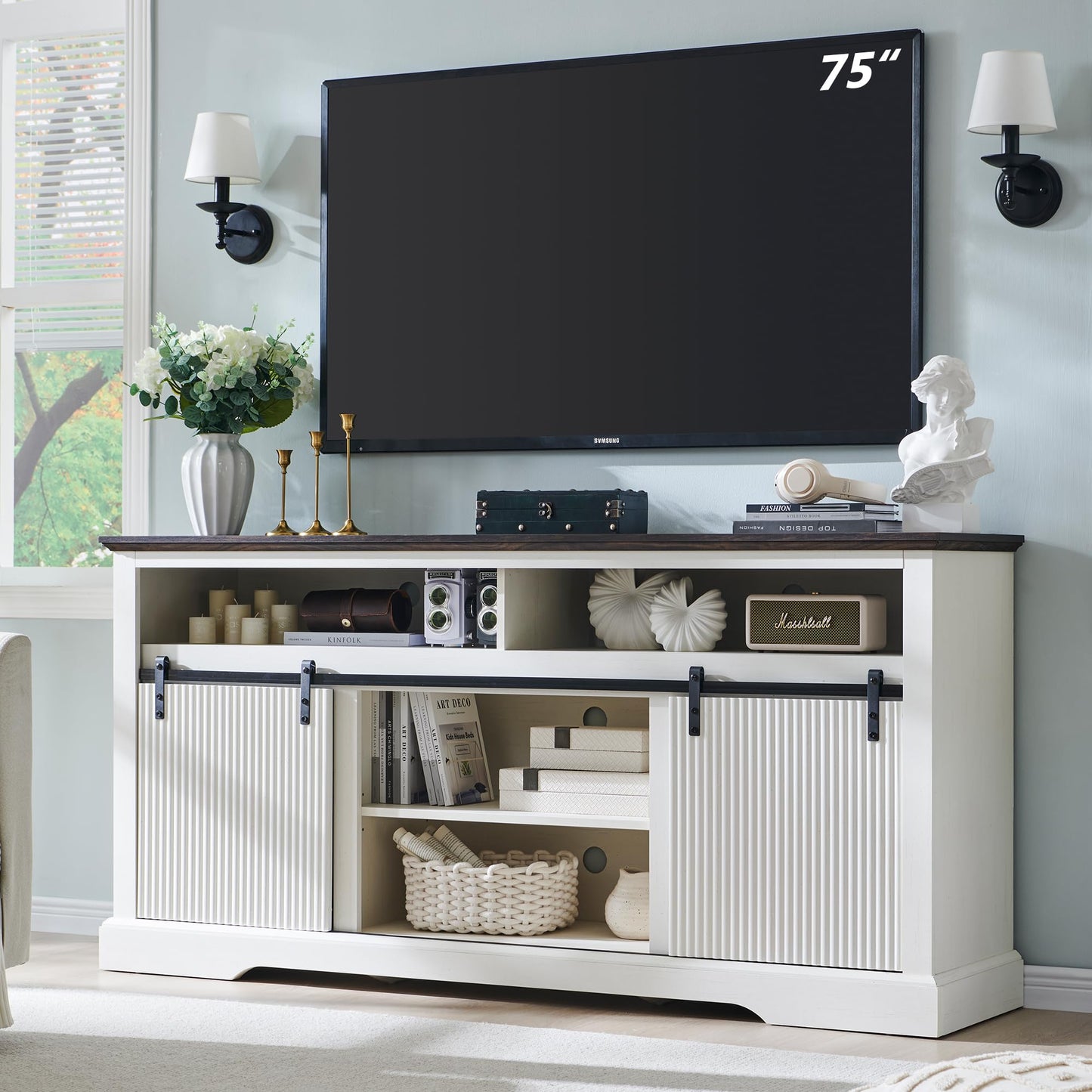 Aitjunz Fluted TV Stand for 75 Inch TVs, 32" Tall Modern Entertainment Center with Waveform Panel Sliding Door, Media Console Cabinet with Storage & Adjustable Shelf for Living Room, 66 inch (White)