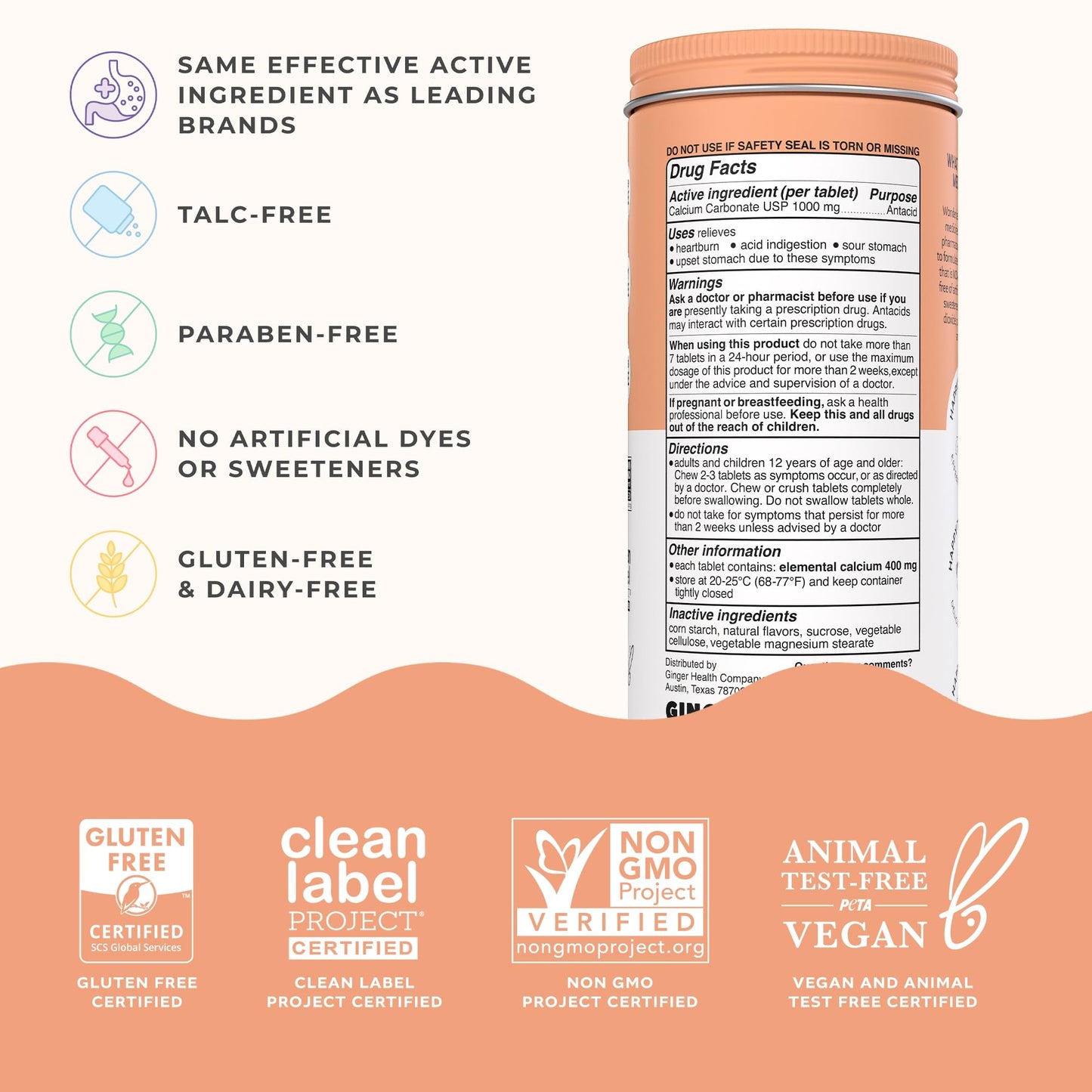 Wonderbelly Antacid, Effective Heartburn and Instant Acid Indigestion Relief, Extra Strength Chewable Tablets, 1000 mg Calcium Carbonate, No Talc or Dye, Tropical Fruit, 120 Count