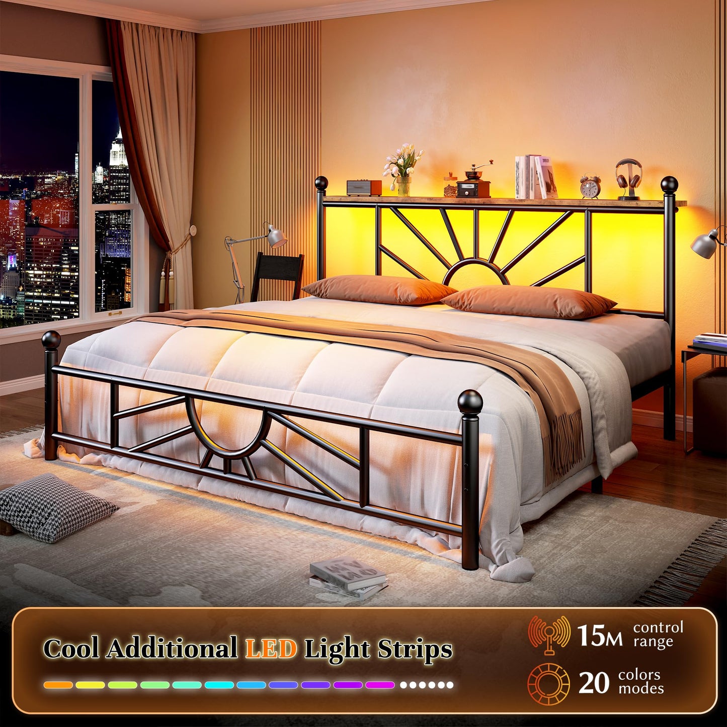 Homkdom Metal Queen Bed Frame with Headboard and Footboard, Queen Size Bed Frame with LED Light, Mattress Foundation with Under Bed Storage/No Box Spring Needed/Noise-Free/Easy Assembly, Black