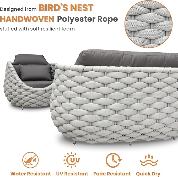 Erotr Aluminum Outdoor Seating Set: 5 Pieces Woven Rope Patio Conversation Set - Metal Sofa Set Cushioned Assembled - Modern Couch Porch Furniture for Deck Lanai Balcony Yard Poolside Hotel Resort
