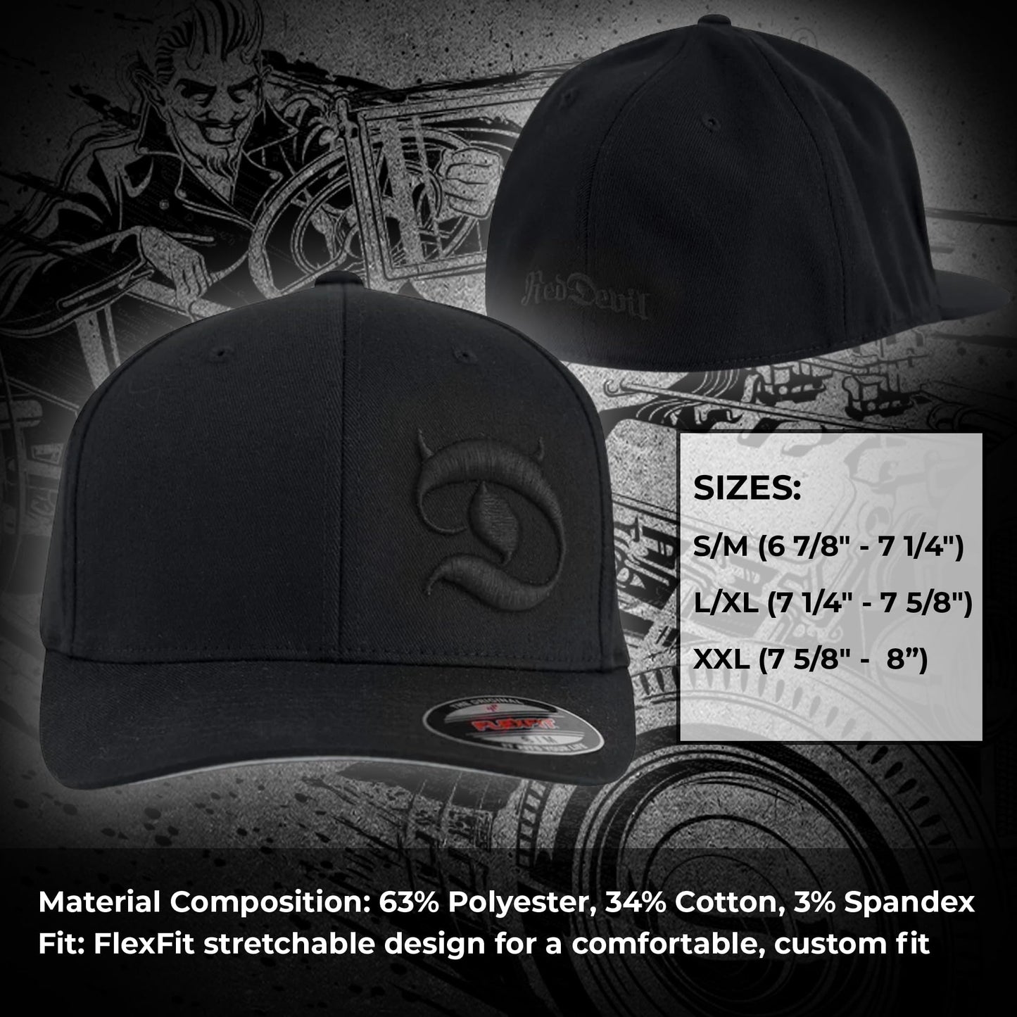 Horned D Flex Fit 6-Panel Men's Cap – Pull-On Baseball Hat with Curved Bill, Embroidery Design, True Fit Streetwear Style for Men, Cotton/Poly/Spandex Blend – (L/XL (7 1/8" - 7 5/8")), Black