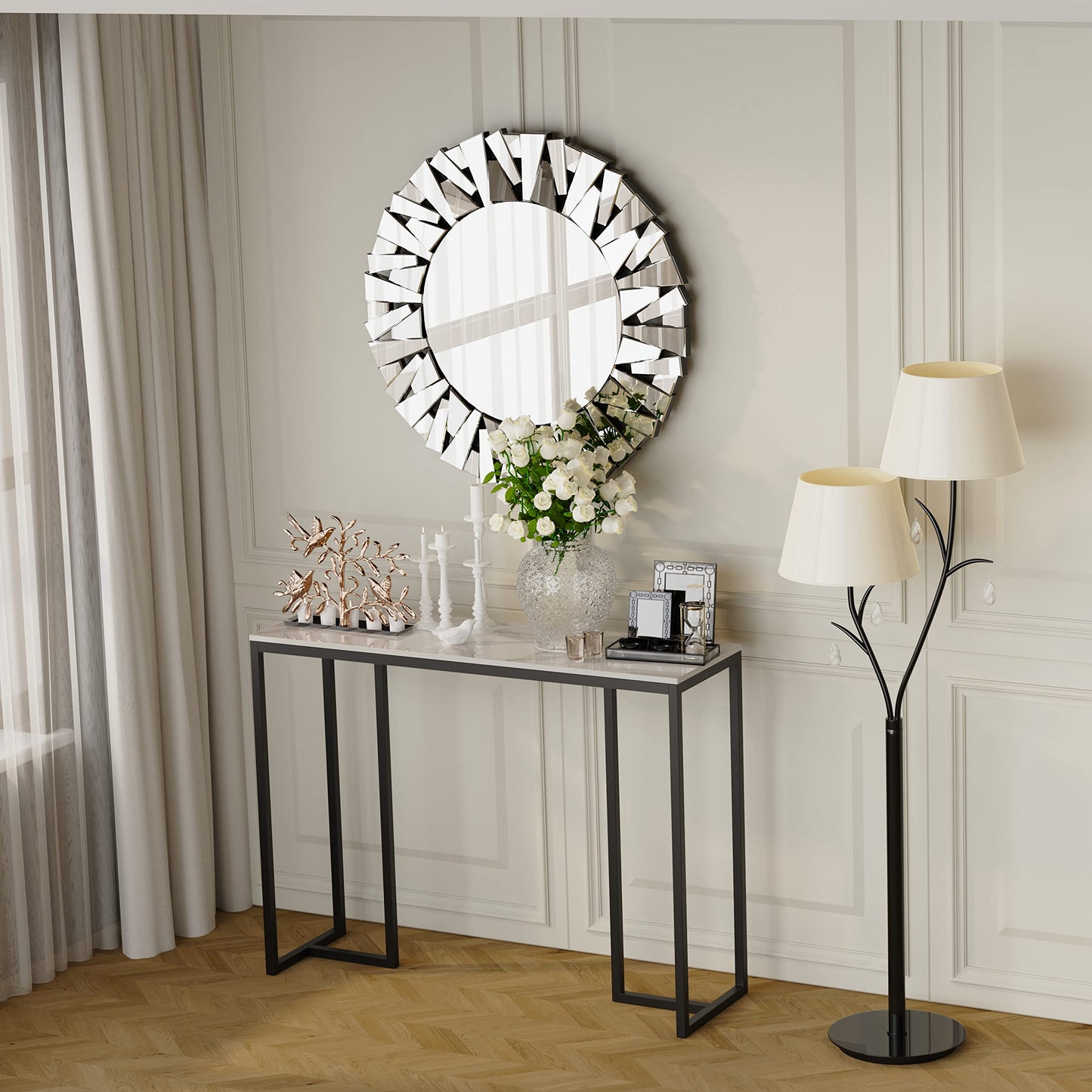 Wisfor Sintered Stone Entryway Table: White Console Table with Black Frame for Hallway - Long Narrow Table Behind Sofa, 39.4x11.8x30.9 inch