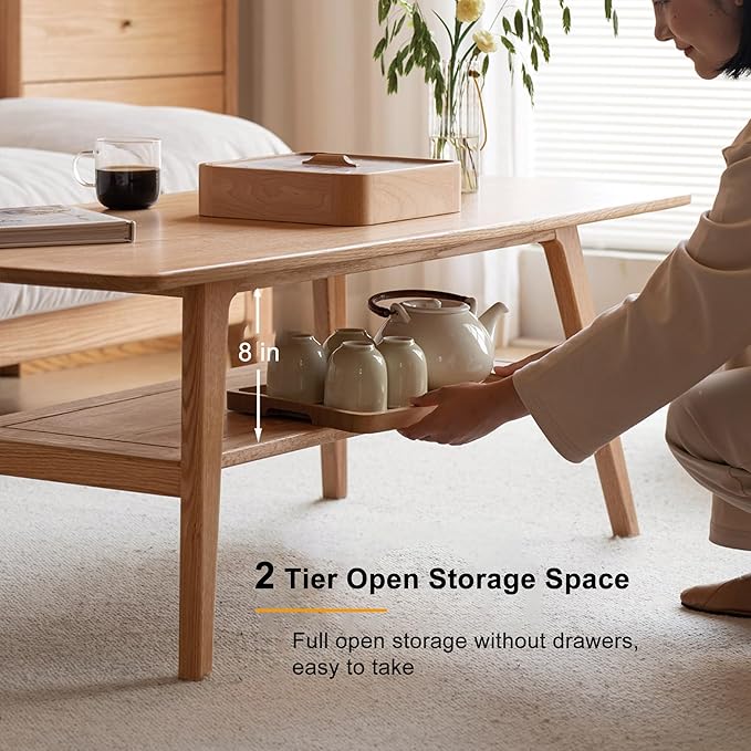 QKFF Modern Solid Wood Coffee Table, 2-Tier Small Wooden Coffee Table with Storage Shelf for Living Room, Apartment, Office, Natural (40''D x 20''W x 18''H)