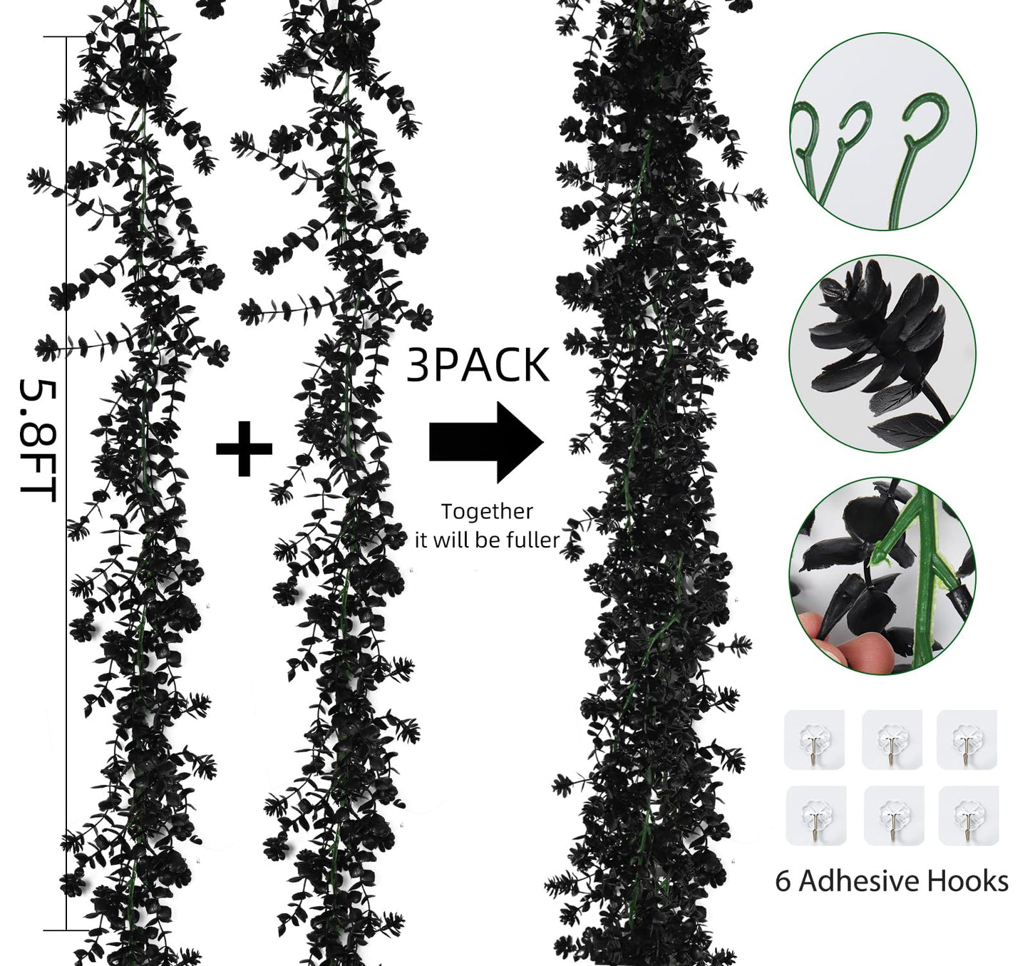 RECUTMS Black Artificial Flowers Black Eucalyptus Garlands Halloween Garland Black Leaf Garland with Flowers Fake Floral Greenery for Halloween Party Decor Home Backdrop Wall Fall Decor(Black)