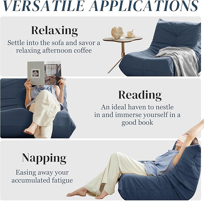 Bean Bag Chair, Fireside Chair Bean Bag Sofa for Adults, Bean Bag Chairs for Teens with High-Resilience Foam, Memory Foam & Non-Slip Base Bean Bag for Living Room, Bedroom, Office (Suede, Dark Blue)