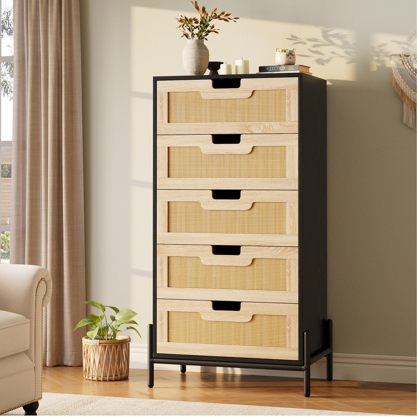 GarveeHome Natural Rattan 5 Drawer Dresser, Wooden Chest of Drawer, Farmhouse Storage Cabinet with Solid Metal Legs, Modern Storage Unit for Bedroom, Living Room, Entryway, Black