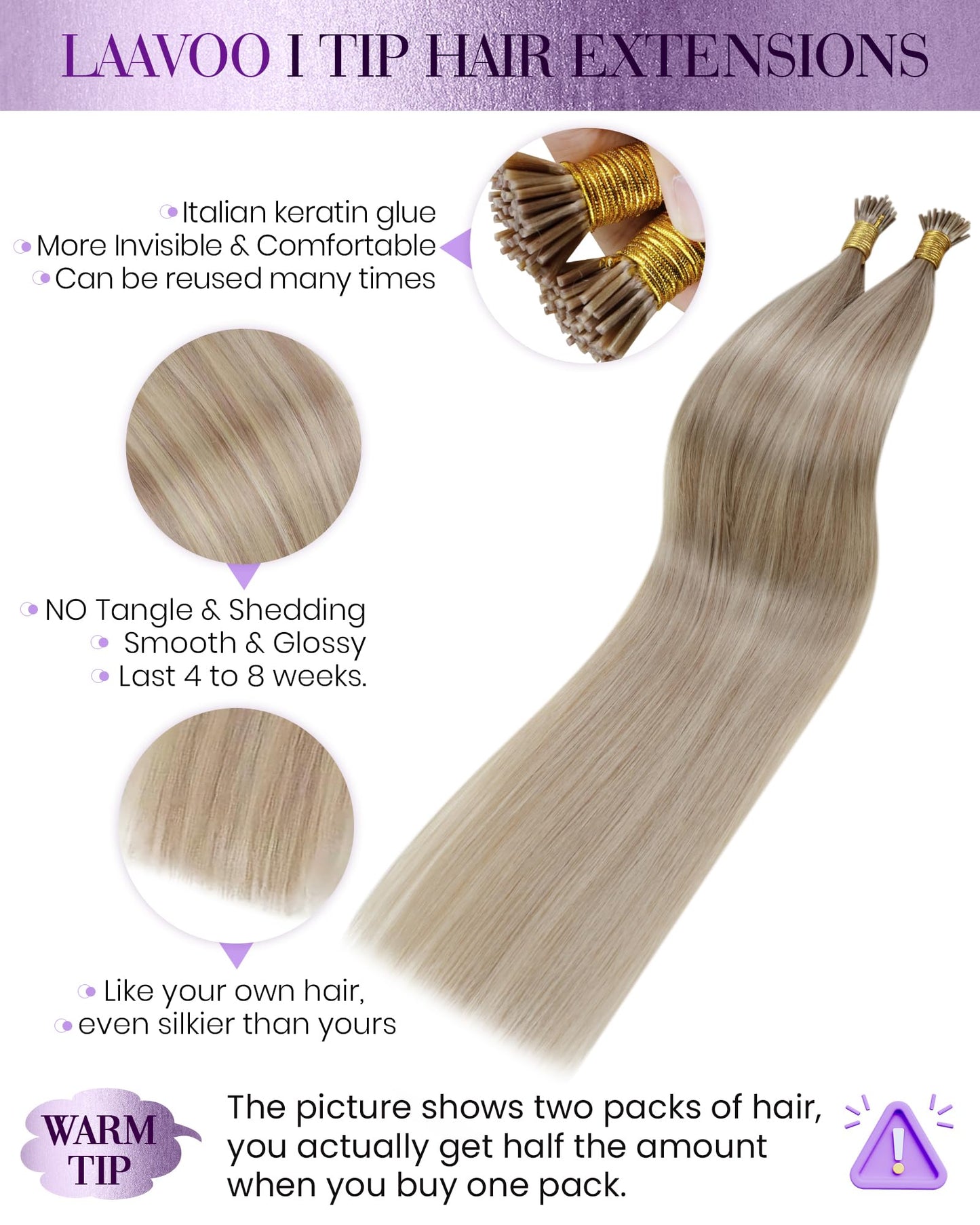 LaaVoo I Tip Hair Extensions Human Hair I Tips Hair Extensions Real Human Hair Ash Blonde Highlighted Bleach Blonde 50g 50s 18 i