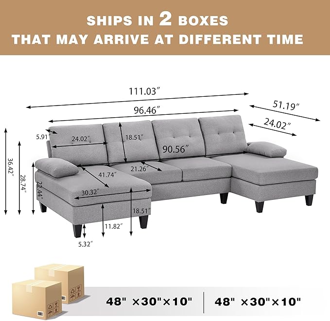 Chireca 111" Sectional Couch for Living Room, Modern Polyester Fibre U Shaped Sofa Couches with Double Chaise, Upholstered 4 Seater Sofa for Living Room, Apartment, Office, Light Grey