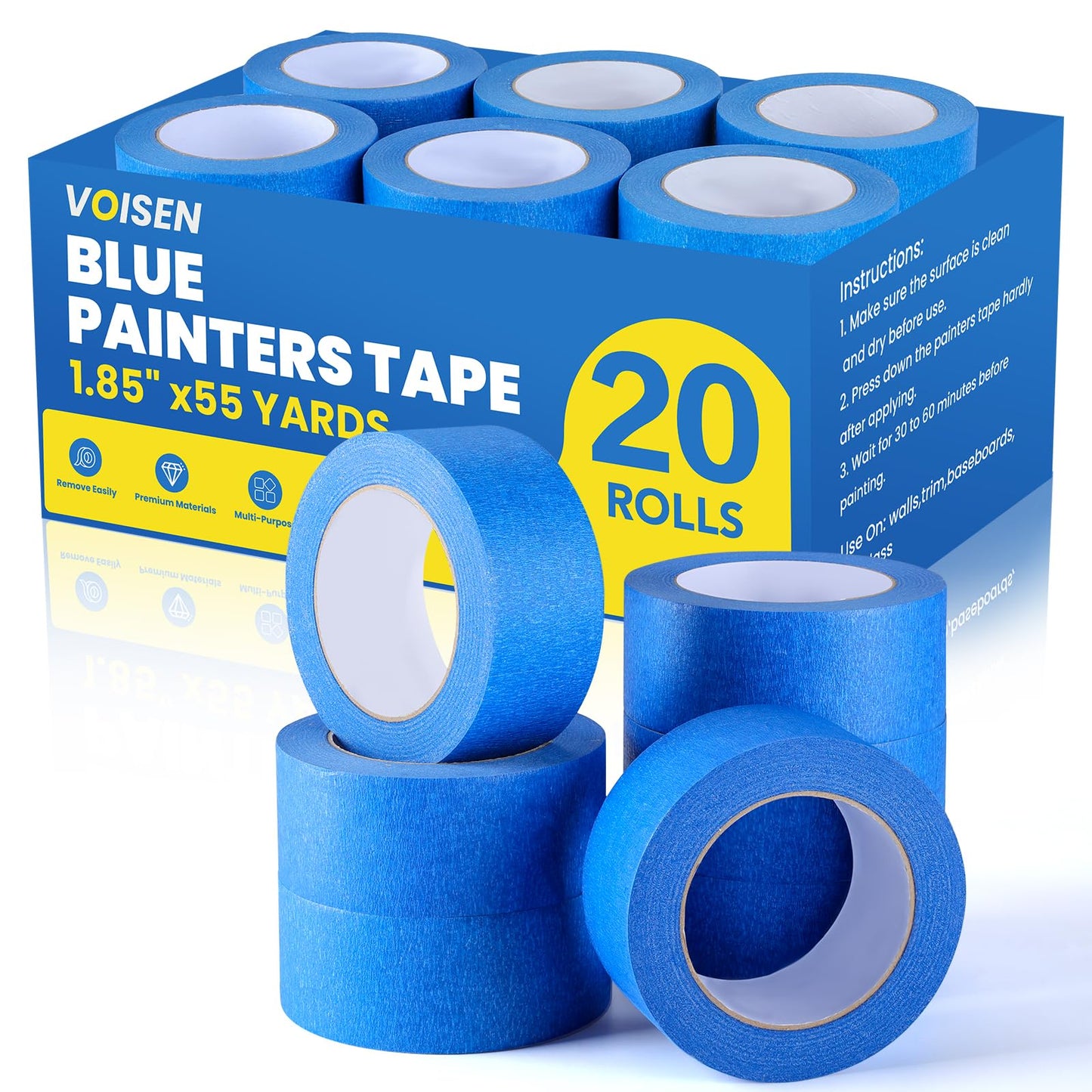 VOISEN 20 Rolls Painters Tape, Blue Painters Tape, 2 Inch Wide (1.85 in x 55 Yds), Masking Tape for Multi-Purpose, Masking Tape Bulk,DIY Artist Craft Arts, Decoration, Drafting, No Residue