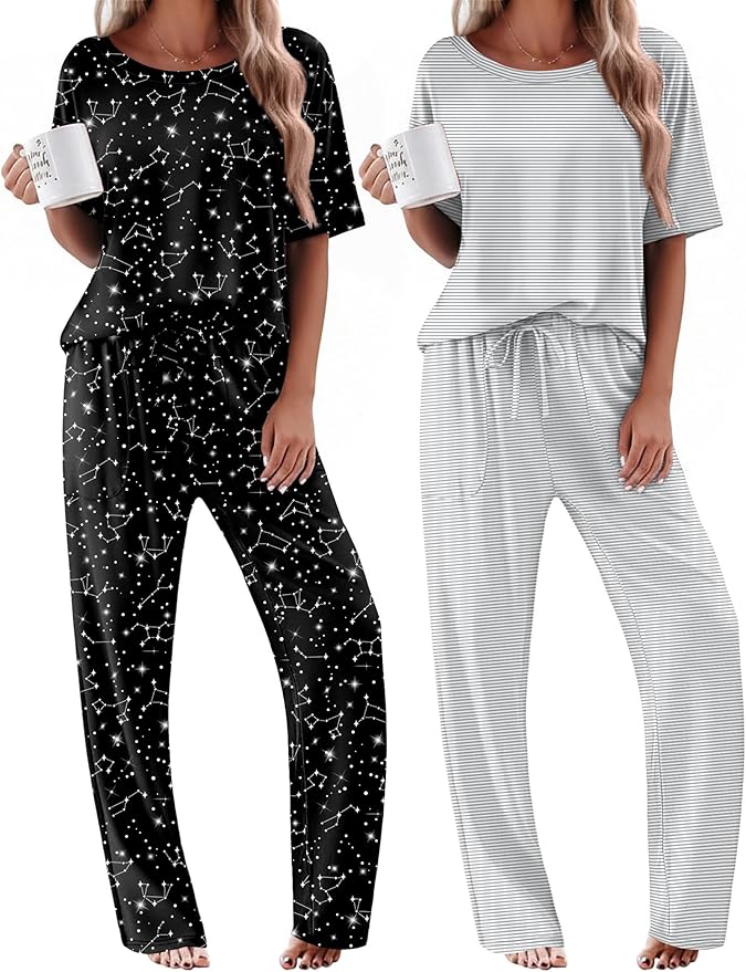 Ekouaer 2 Pack Womens Pajama Sets Short Sleeve Tops and Long Pants Casual Comfy Pjs Lounge Set with Pockets,S-XXL