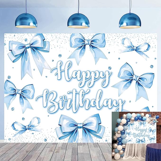 Bow Birthday Backdrop Banner Blue Bow Birthday Glitter Photography Background for Girls Women Bday Party Decorations Baby ...