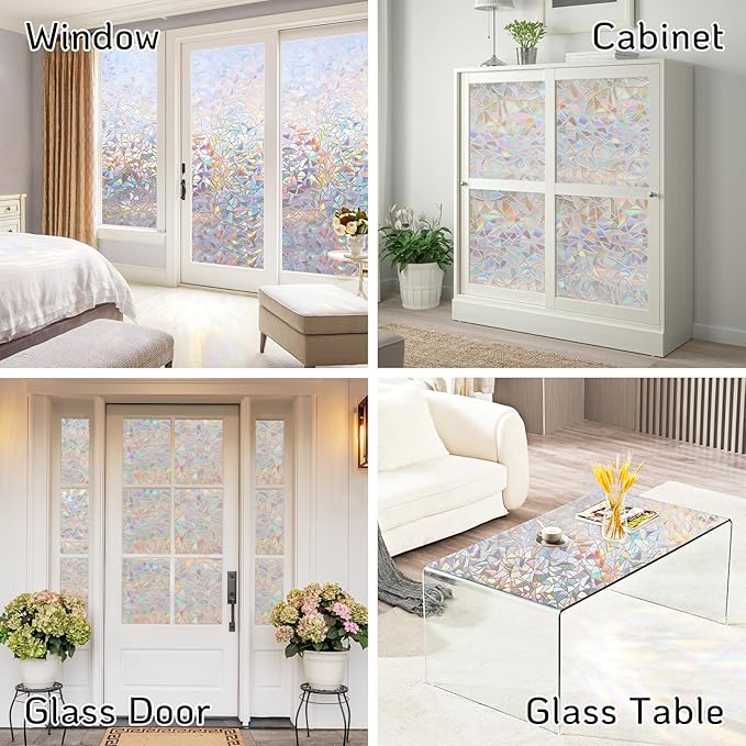 LUTE Window Privacy Film, Rainbow Window Film, 3D Decorative Stained Glass Cling, Non-Adhesive Vinyl Static Cling Removable Glass Stickers, Sun UV Blocking Decal Covering for Home, 35.4 x 157.4 inches