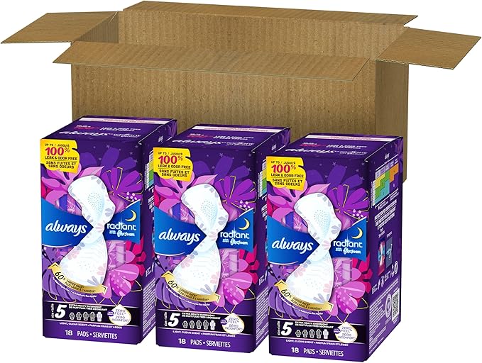 Always Radiant Feminine Pads for Women, Flexfoam Pads with Wings, Size 5, Extra Heavy Overnight Absorbency, Lightly Scented, 54 Count (3 Packs of 18)