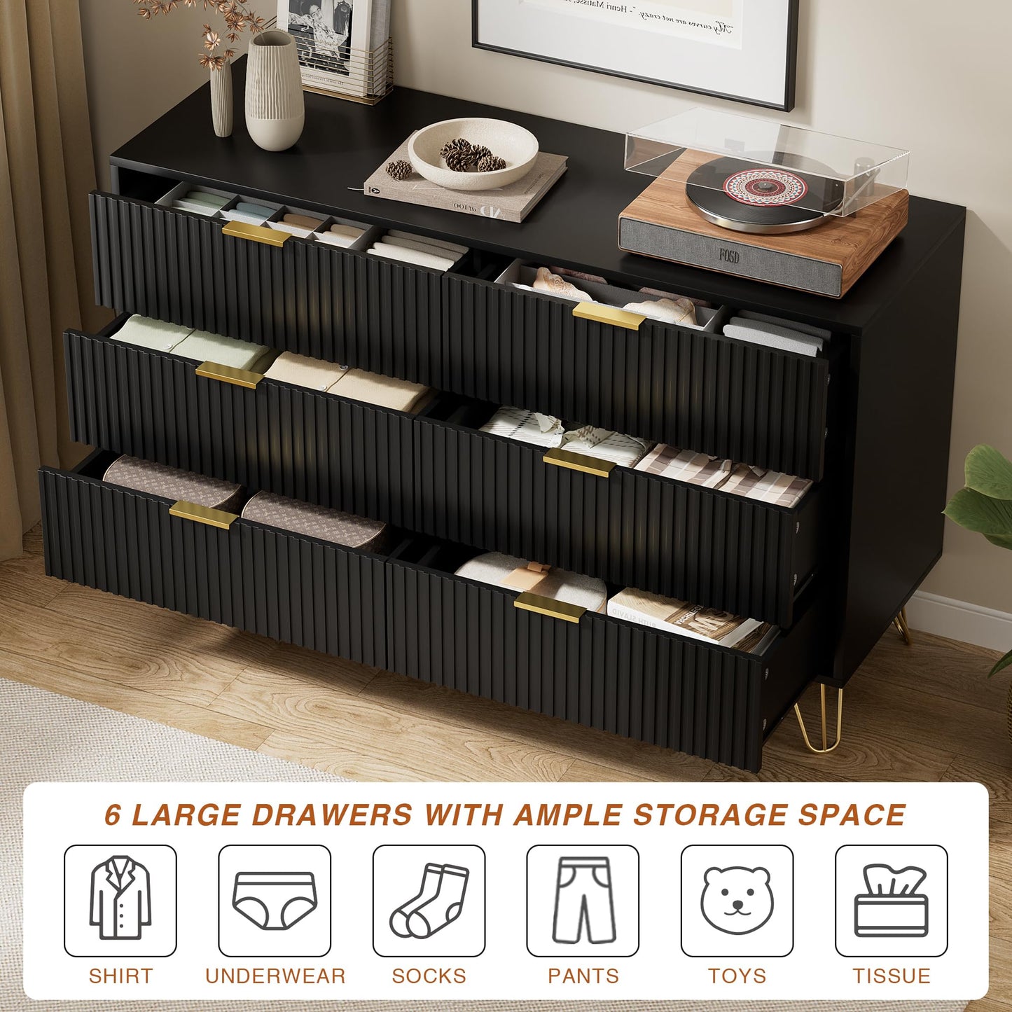 Furniway Black Dresser for Bedroom, Modern Dresser with Gold Metal Handles & Chests of Drawers for Bedroom, 15.7" D x 47.2" W x 29.5" H