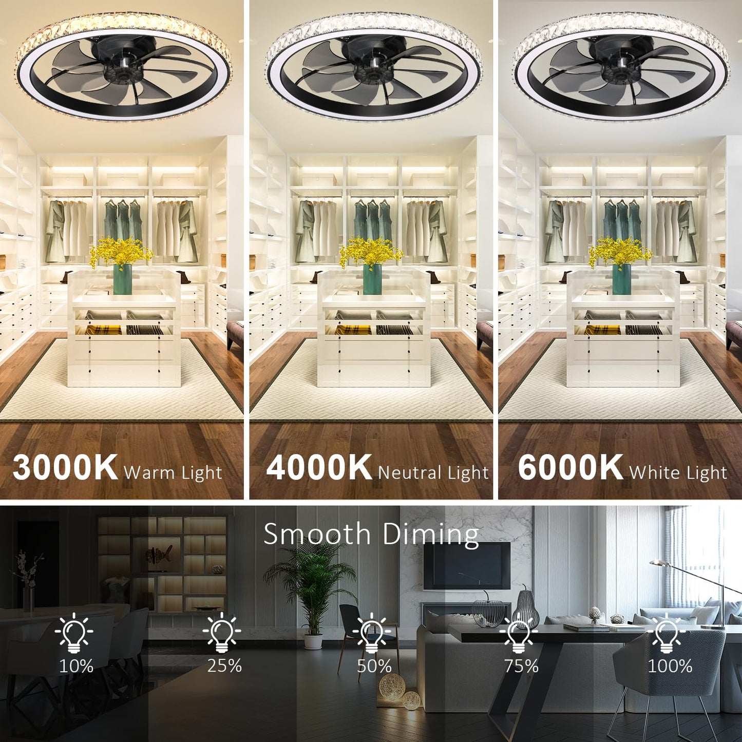 Aipsun Low Profile Modern Crystal Chandelier Ceiling Fans With Lights And Remote, 3000K-6500K Smart Bladeless Led Fan Light, 26