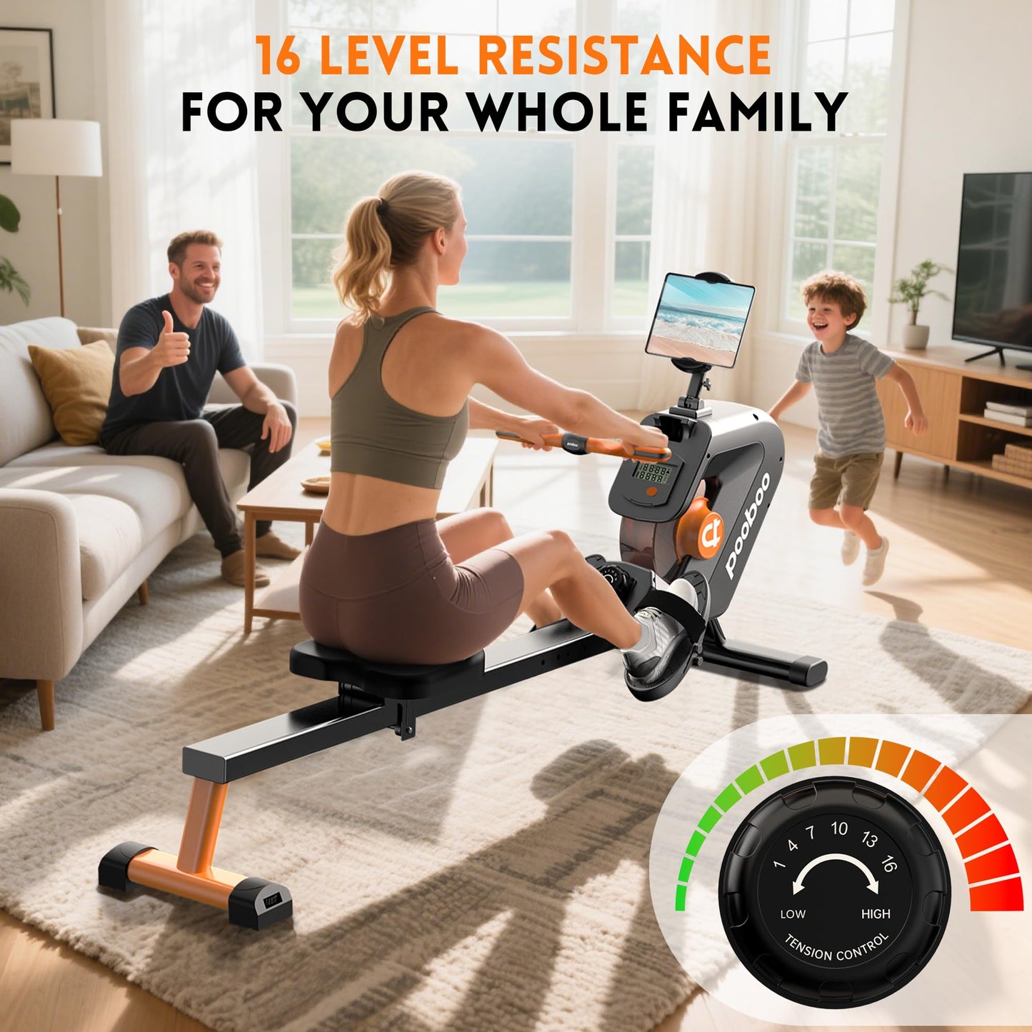 pooboo Rowing Machine, Max 350 LBS Magnetic Rower with LCD Monitor, Tablet Holder, Upgraded Rowing Machines for Home use (Orange)
