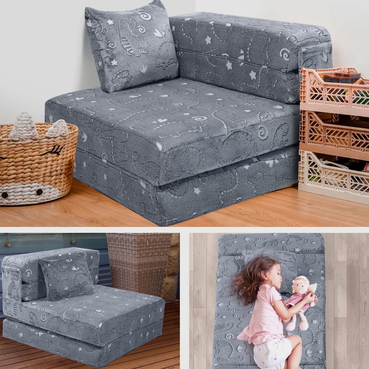 MeMoreCool Kids Floor Mattress Glow in The Dark, Convertible Sofa Couch, Folding Futon Chair Bed Sleeper for Baby Playroom (Glowing Dinosaur)