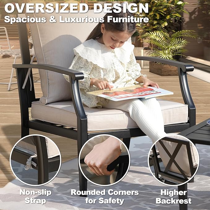 SunloungeCo 4-Piece Patio Furniture Set, Wider Outdoor Metal Seating Sofa with High Back & Loveseat, Coffee Table, All Weather Metal Conversation Set for Backyard, Poolside, Deck-Beige