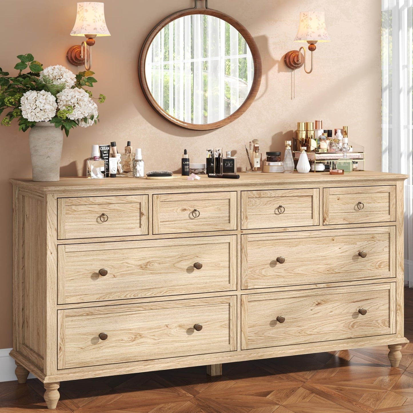 chartustriable 65inch Large Long Drawer Dresser w/Deep Drawers,Rustic Wood 8 Drawer Dresser with Large Capacity for Living Room,Wooden Chest of Drawers for Bedroom,Living Room,Entryway,Oak