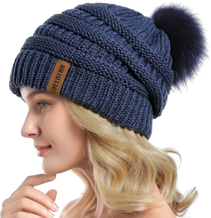 QUEENFUR Women Knit Slouchy Beanie Chunky Baggy Hat with Faux Fur Pompom Winter Soft Warm Ski Cap