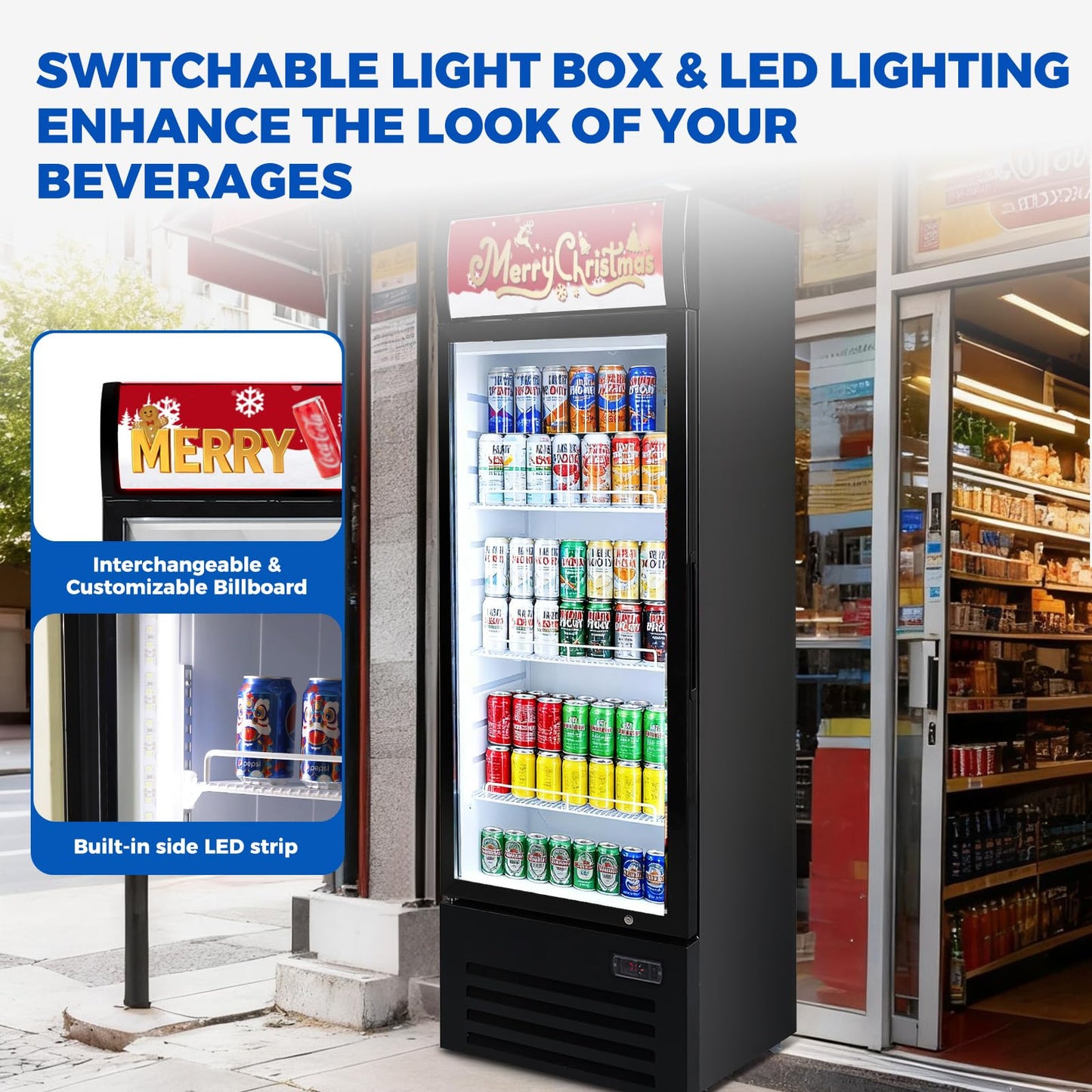 Bluelinecool Commercial Refrigerators 9 Cu.Ft Upright Merchandiser Drink Cooler – Glass Door Beverage Fridge with LED Light, Adjustable Shelves, Lock Wheels – Display Refrigerator for Beer, Bar, Shop