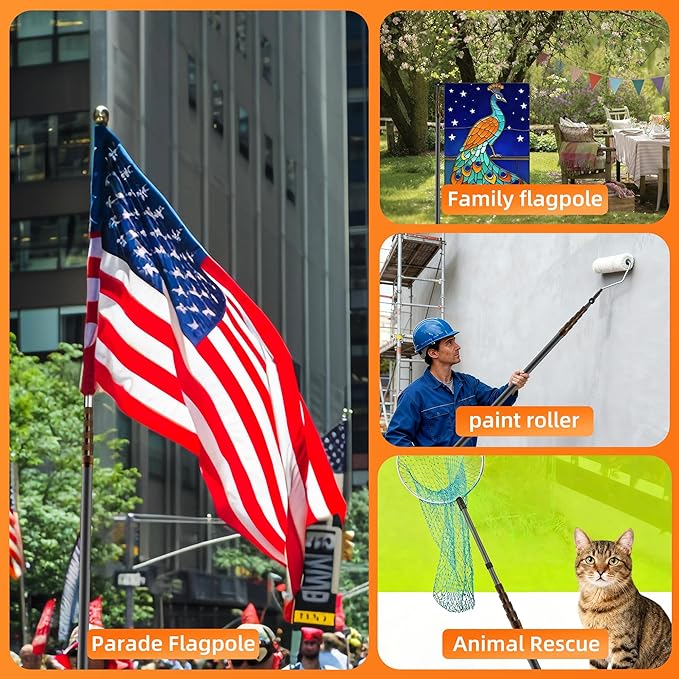 20FT Heavy-Duty Fiberglass Telescopic Extension Pole - High Stiffness, Non-Conductive, Twist Lock for Electrical Rescue, Indoor Cleaning, Pool Washing,Paint,Boat Hooks&Flags- Universal Threaded Tips