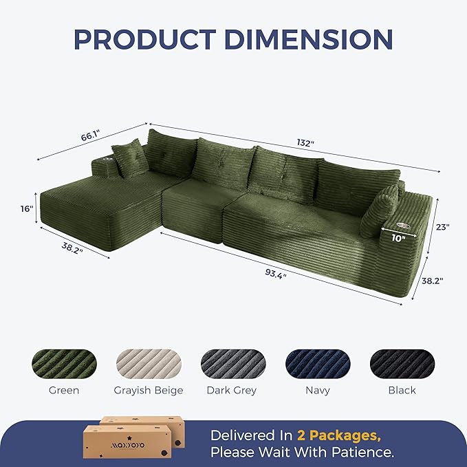 MAXYOYO 132" Oversize Modular Sectional Couch with L-Shape Chaise, Modern Boneless Couch for Living Room, Sofa in A Box, Oversized Sofa Sleeper with Deep Seat, No Assembly Required, Green