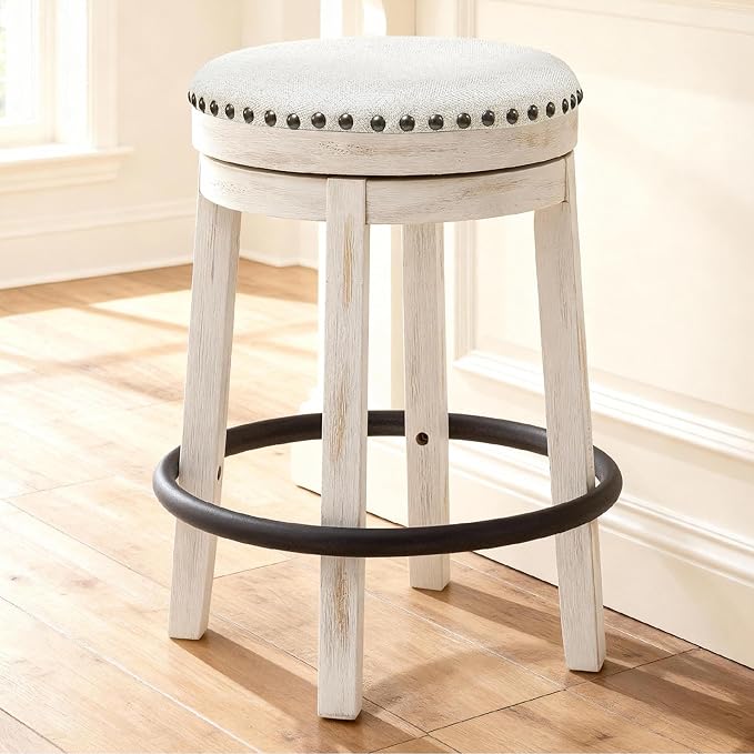 Signature Design by Ashley Valebeck Casual Upholstered Swivel Stool, Round Metal Footrest, Nailhead Trim Detail, Wood, 24", White & Black
