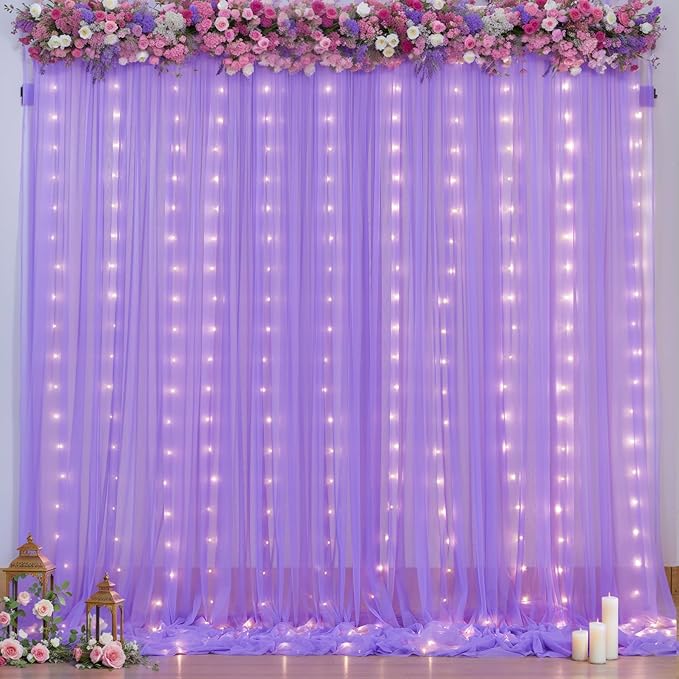 5x8ft (2 pieces) Lavender Tulle Backdrop Curtains with Lights for Party Wedding Baby Shower, Sheer Drape Backdrop Curtains...