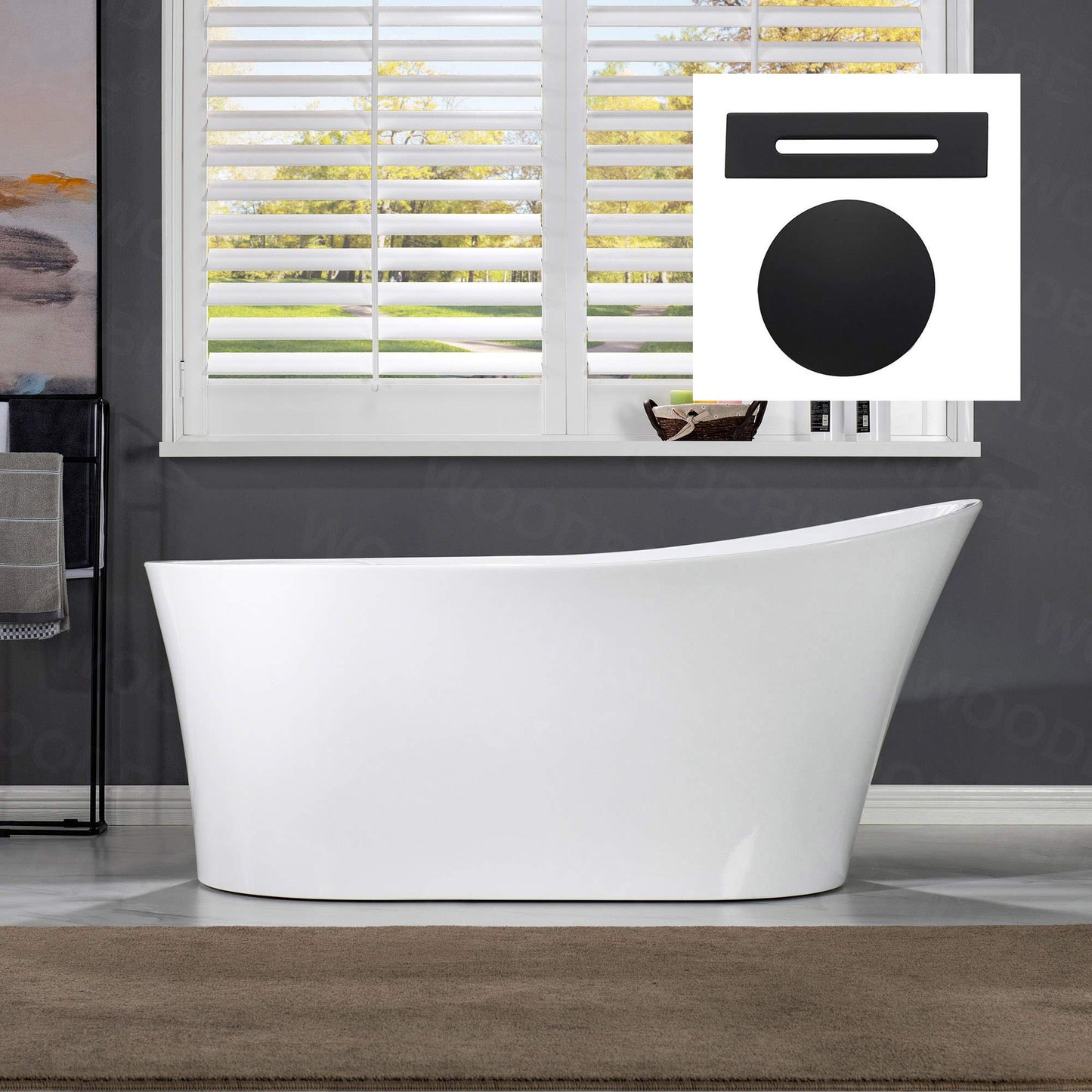 WOODBRIDGE 59" Acrylic Freestanding Bathtub Contemporary Soaking Tub with Matte Black Overflow and Drain B0083-MB-Drain &O,White