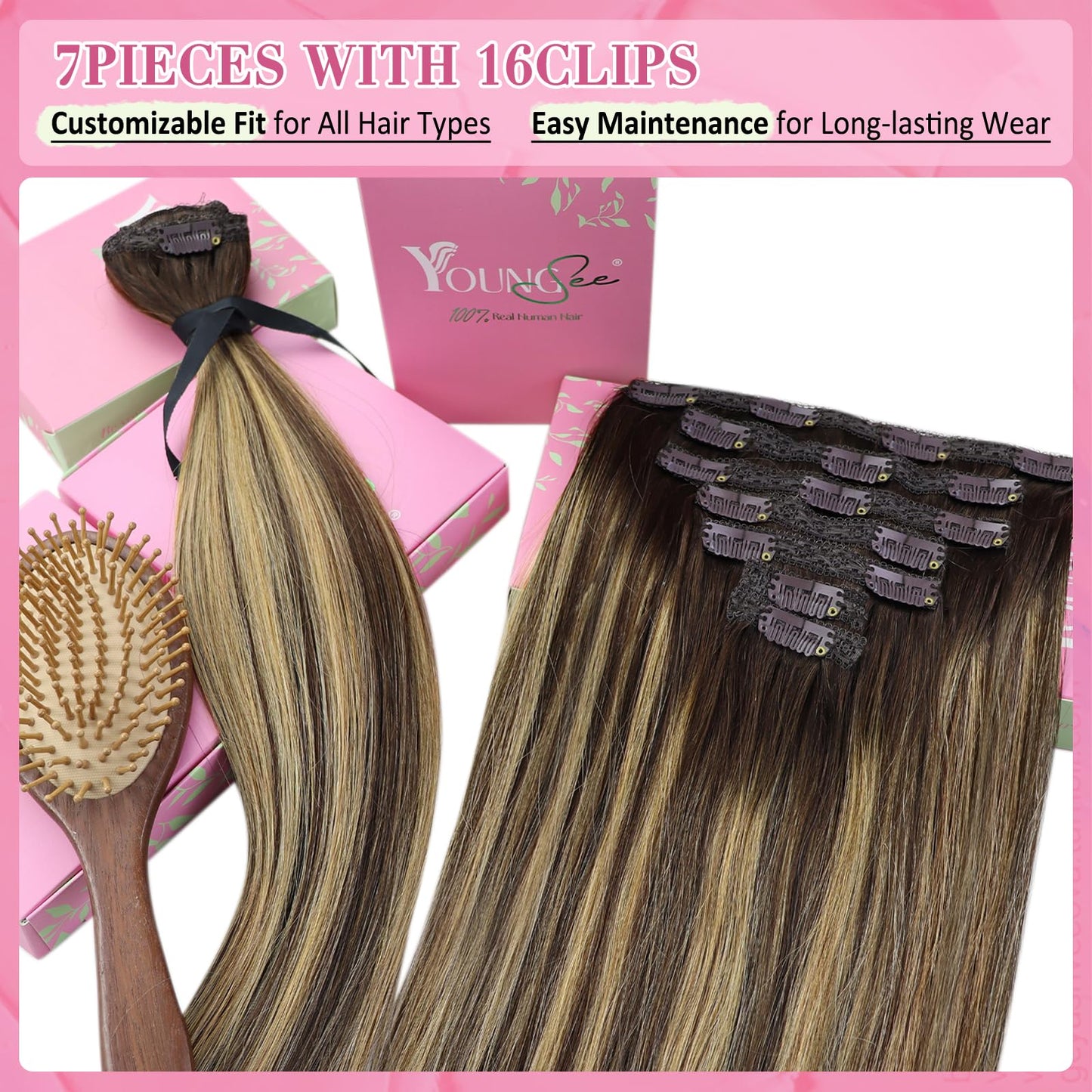 YoungSee Clip in Hair Extensions Balayage Brown Hair Extensions Clip ins Lace Clip in Hair Extensions Real Human Hair Balayage C