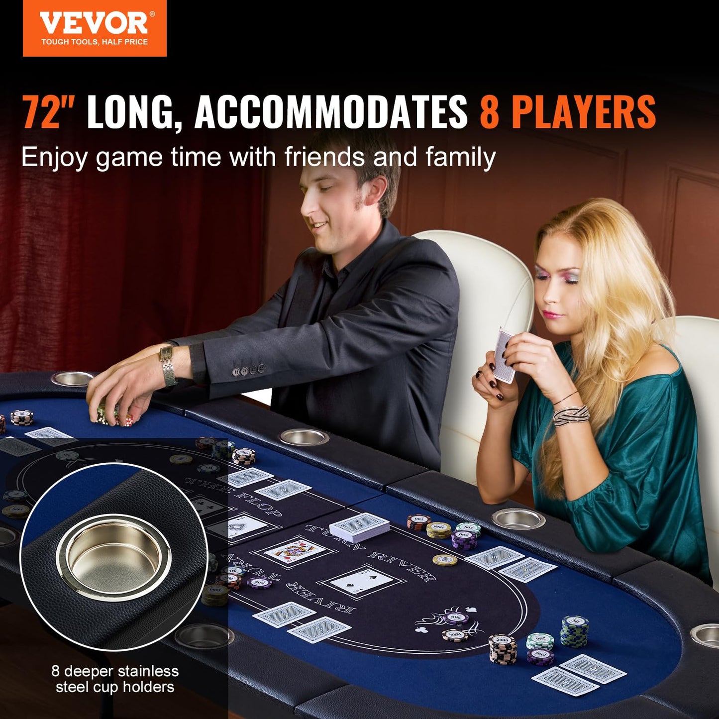 VEVOR 8 Player Poker Table Foldable, Portable Folding Card Board Game Table, Casino Leisure Table, Blackjack Texas Holdem Table with Padded Rails and Stainless Steel Cup Holders,Blue (72 in)