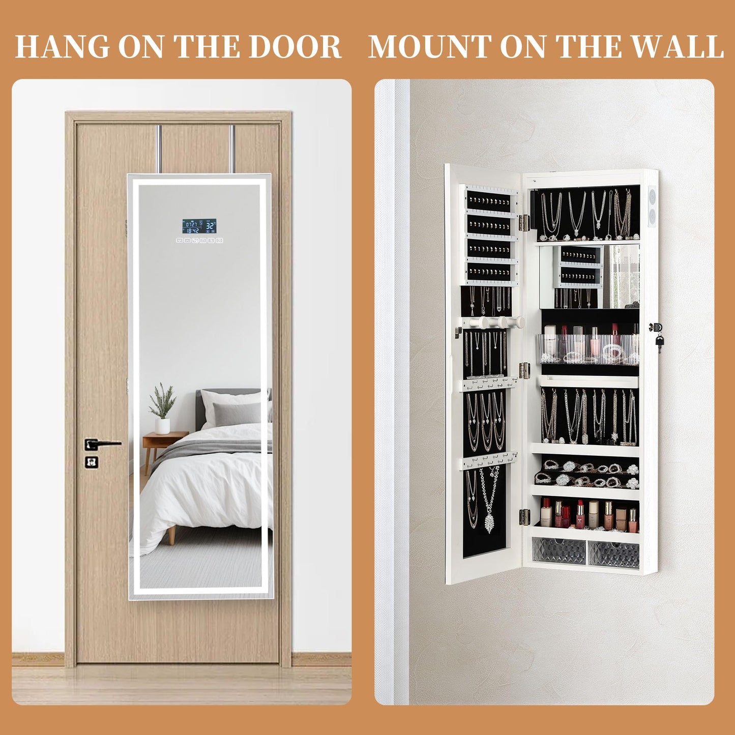 chaoguan LED Mirror Jewelry Cabinet with Bluetooth Speaker, Wall/Door Mounted Jewelry Organizer Armoire, Full Length Lighted Mirror with Jewelry Storage,Jewelry Box Standing for Women