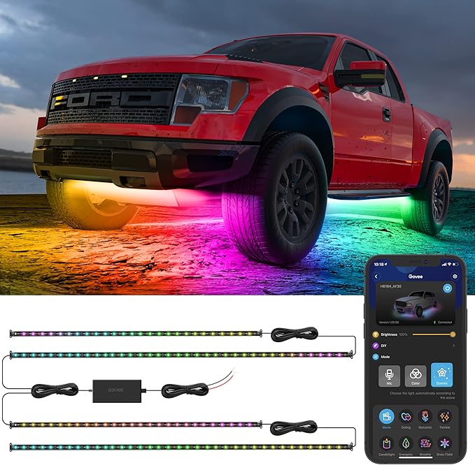 Govee Underglow Car Lights, 4pcs RGBIC Smart LED Lights for Cars with 16 Million Colors and 10 Scene Modes, App Control, N...