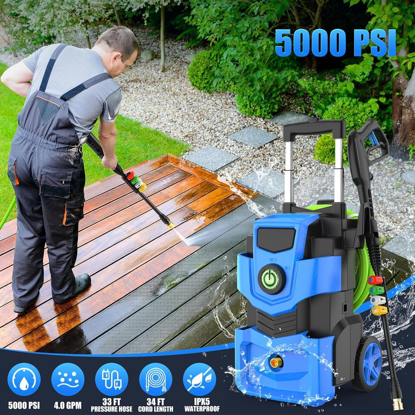5000 PSI Professional Electric Pressure Washer,4.0 GPM Heavy Duty Power Washer with 4 Nozzles,Foam Cannon,33FT Hose and 500ml Soap Bottle for Home/Cars(Blue)