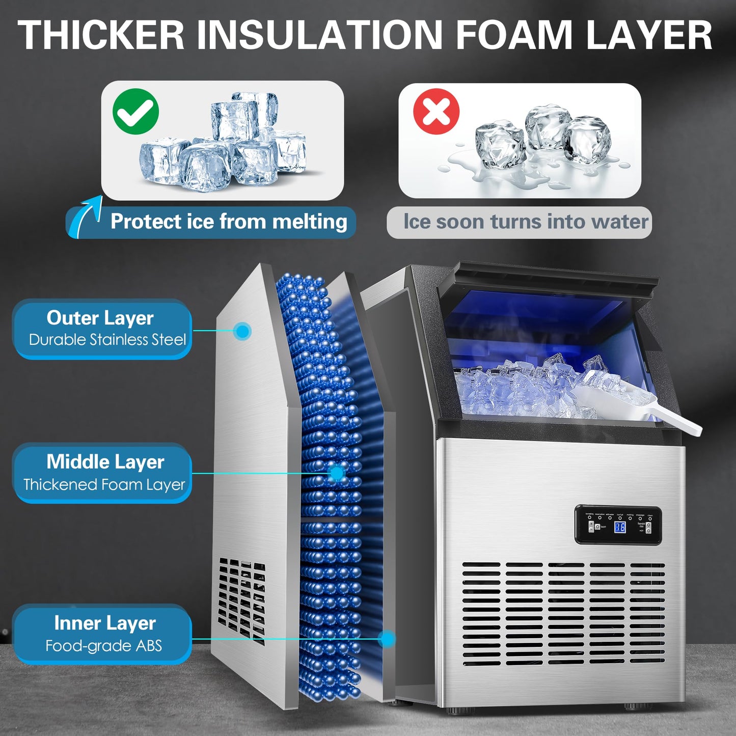 Zomagas 120LBS/24H Commercial Ice Maker Machine, Freestanding Stainless Steel with Adjustable Ice Thickness & LCD Control,40 Cubes/Cycle,Self-Cleaning,Quiet Operation for Home,Restaurant,Bar