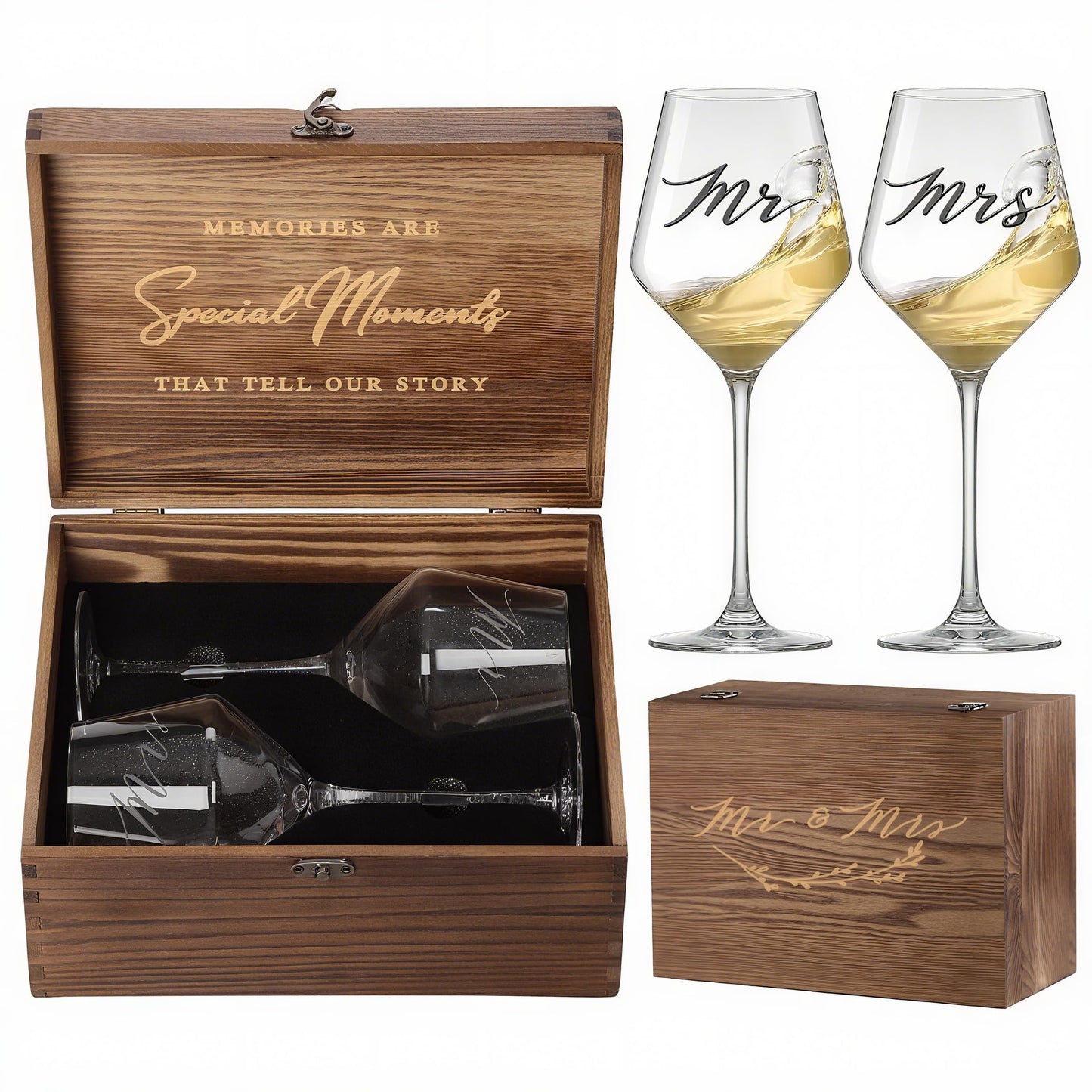 SIPBYSOP Mr Mrs Wine Glasses Gifts for Wedding/Engagement/Bridal Shower,Classy Engagement Present,WEDDING Gift for Couples,Women,Bride to be,Newlyweds-Wedding Keepsake Box Gift Set