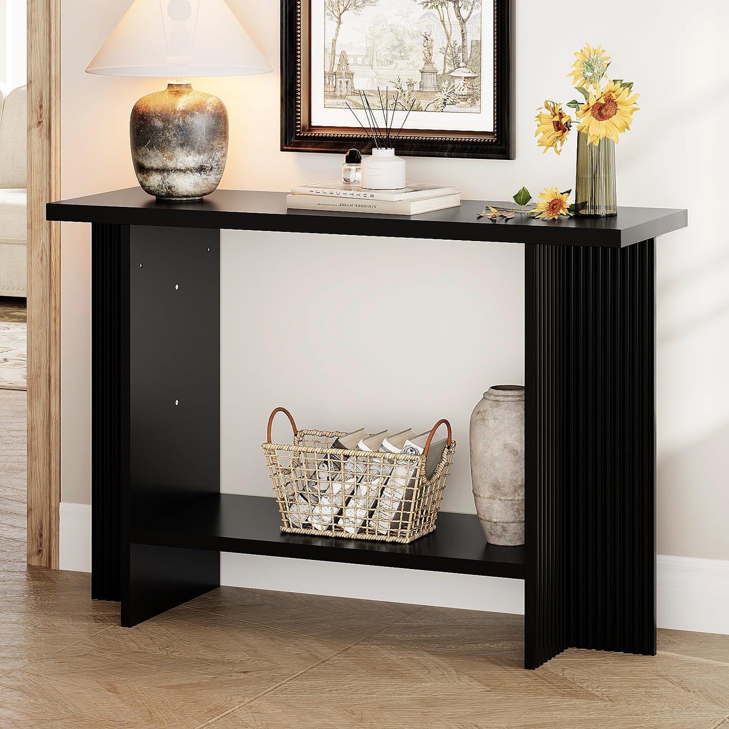 Trironsun Fluted Console Table for Small Spaces 2-Tier Storage Narrow Entryway Table with Solid Wood Cross Base Mid-Century Modern Sofa Table for Hallway Living Room Behind Couch