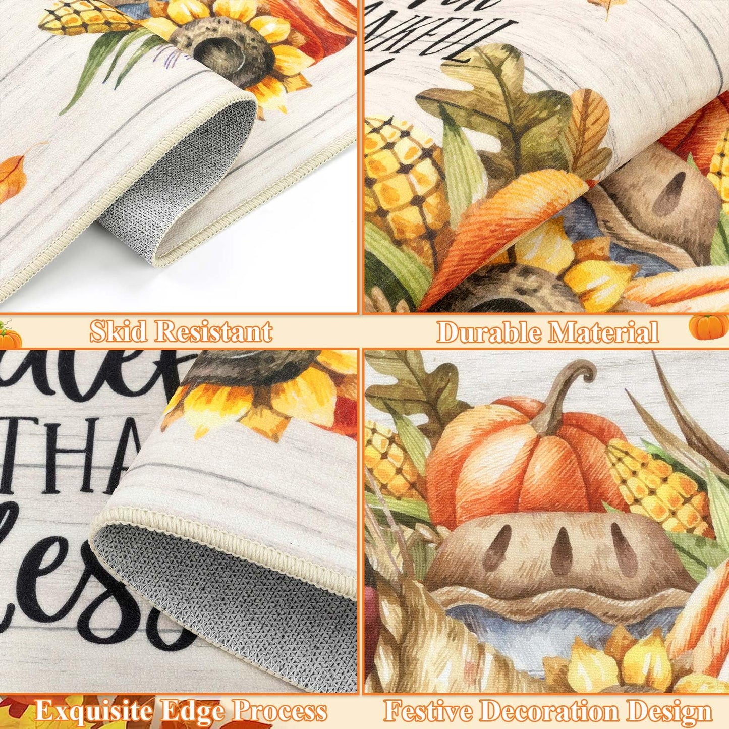 HEBE Fall Kitchen Rugs Sets of 3, Non Slip Pumpkin Kitchen Rugs and Mats, Washable Kitchen Mats for Floor, Autumn Kitchen Runner Floor Carpet for Thanksgiving Holiday Decor