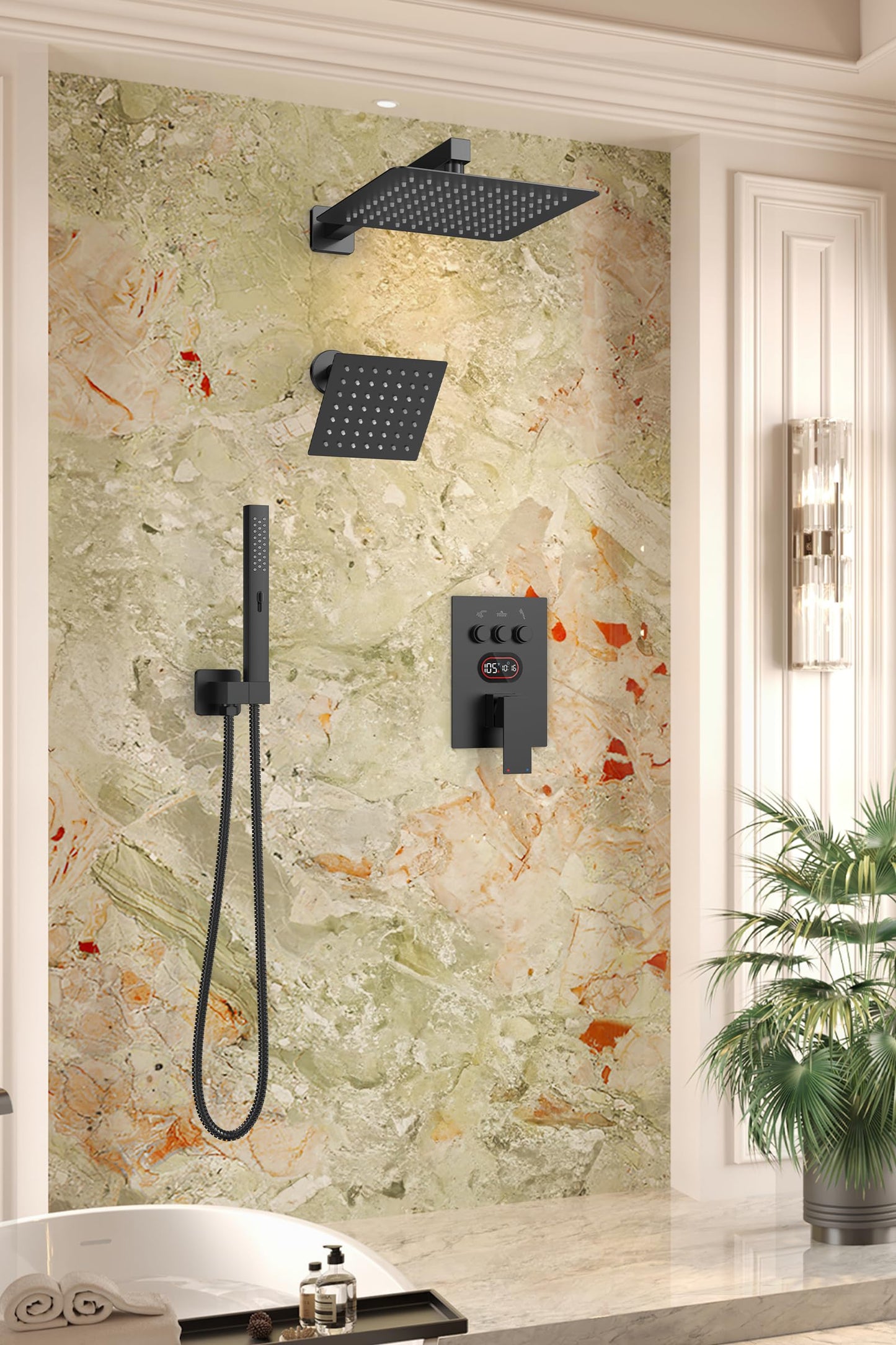 Push Button Diverter Shower Faucet Set Hydro Power Temperature Display, Shower System Wall Mounted 10" & 6" Shower Head with 3-Spary Handheld, Shower Fixtures with Valve and Trim Kit, Matte Black