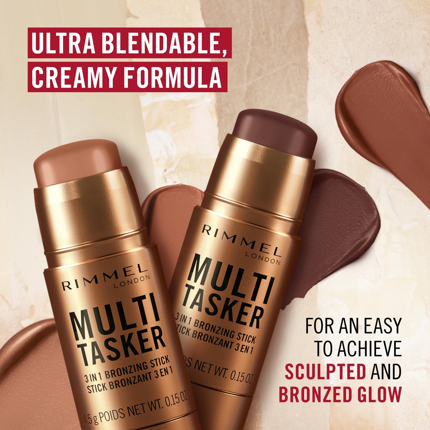 Rimmel Multi Tasker 3 in 1 Bronzing Stick, 002 Medium, Sculpted and Bronzed Glow, All-Day Wear, Sheer and Dewy Finish, Infused w