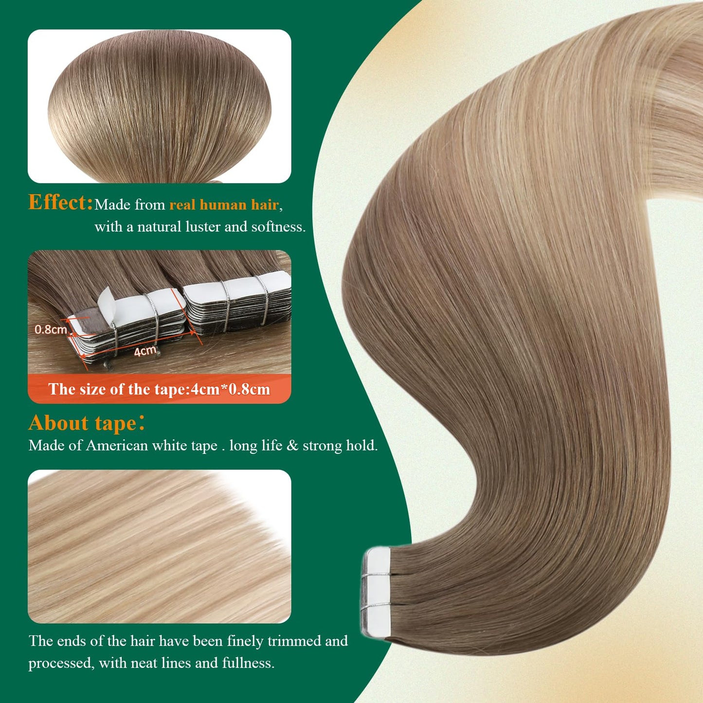 Easyouth Tape in Human Hair Extensions Blonde Balayage Tape Hair Extensions Real Human Hair Light Brown Ombre Ash Blond with Pla