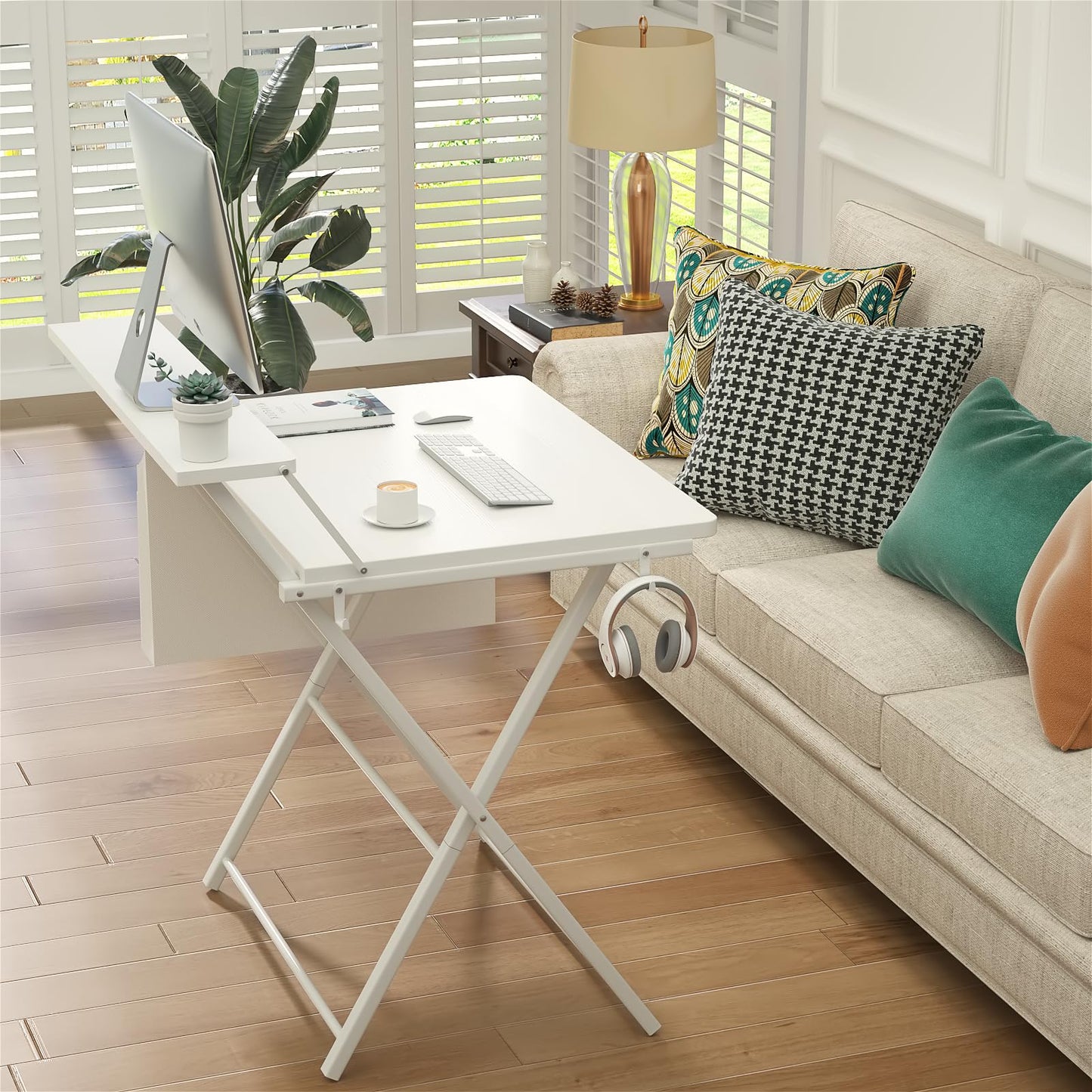 GreenForest Folding Desk for Small Spaces, 31.5 inch Foldable Table with Storage Bag, 2-Tier Portable Computer Desk with Monitor Stand for Home Bedroom, Pure White