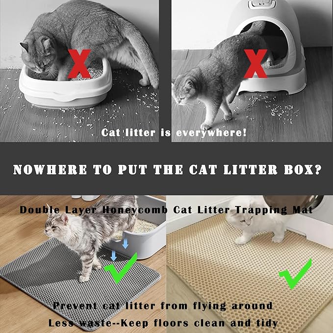 HCY&WLD 2-Pack Cat Litter Mat, Double Layer Honeycomb Waterproof Urine Proof Non-Slip Litter Trapping Mat, Less Waste, Easy to Clean Cat Litter Box Mat, Kitty Indoor Supplies (Khaki, 30x22 Inches)