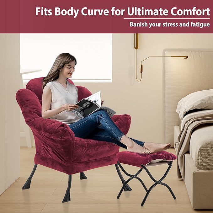 Youtanic Lazy Chair with Folding Ottoman, Accent Chair Plush Upholstered with Metal Structure and Non-Slip Pads, Sofa Armchair with Footrest and Side Storage Bag for Dorm, Room, Office, Rose Red