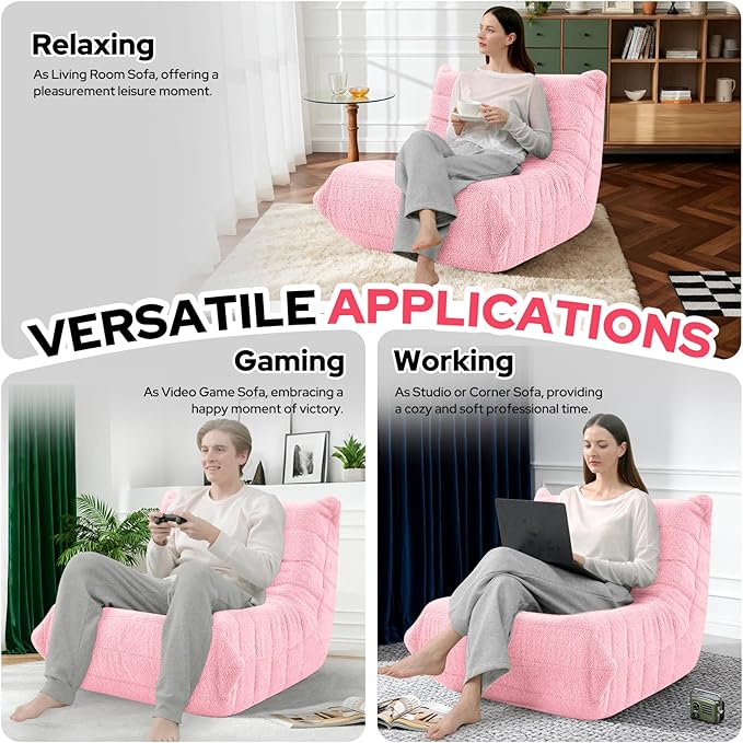 HABUTWAY Bean Bag Chairs Fireside Lazy Floor Sofa, Soft Teddy Fleece Bean Bag Sofa with High-Resilience Foam Filling，Beanbag for Living Room, Bedroom, Office (Pink Teddy)