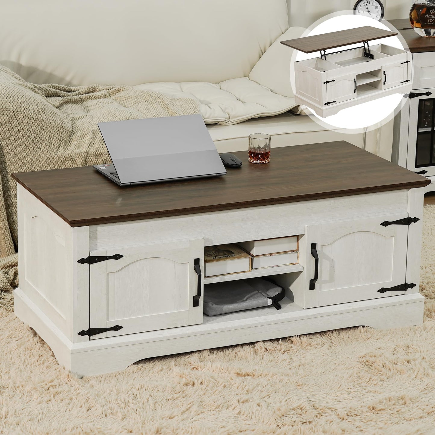 Farmhouse Coffee Table, 47.24 inches Wide Lift Top Coffee Table with Storage, Living Room Coffee Tables with Large Hidden Compartment, Warm White Walnut